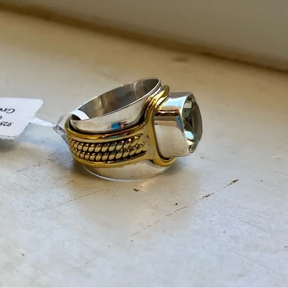 Green amethyst sterling silver and brass ring - Picture 6 of 14
